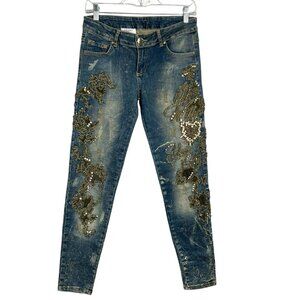 AXARA Paris Low-Rise Embellished Y2K Skinny Jeans Medium Wash Acid Wash Size 40